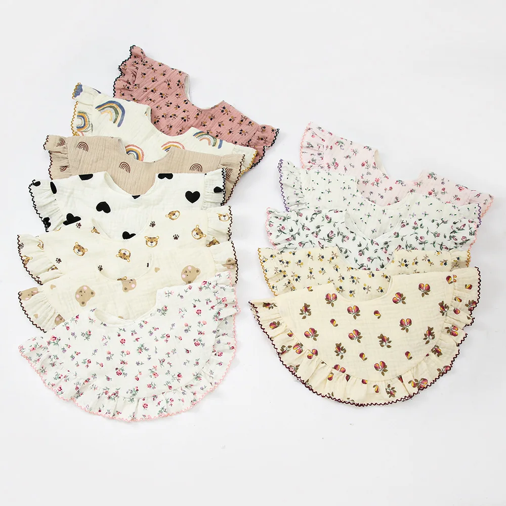 New styles of Newborn Babies Products Soft And Breathable  Cotton Vintage Floral Muslin 360 round Baby  Bibs With Fringe