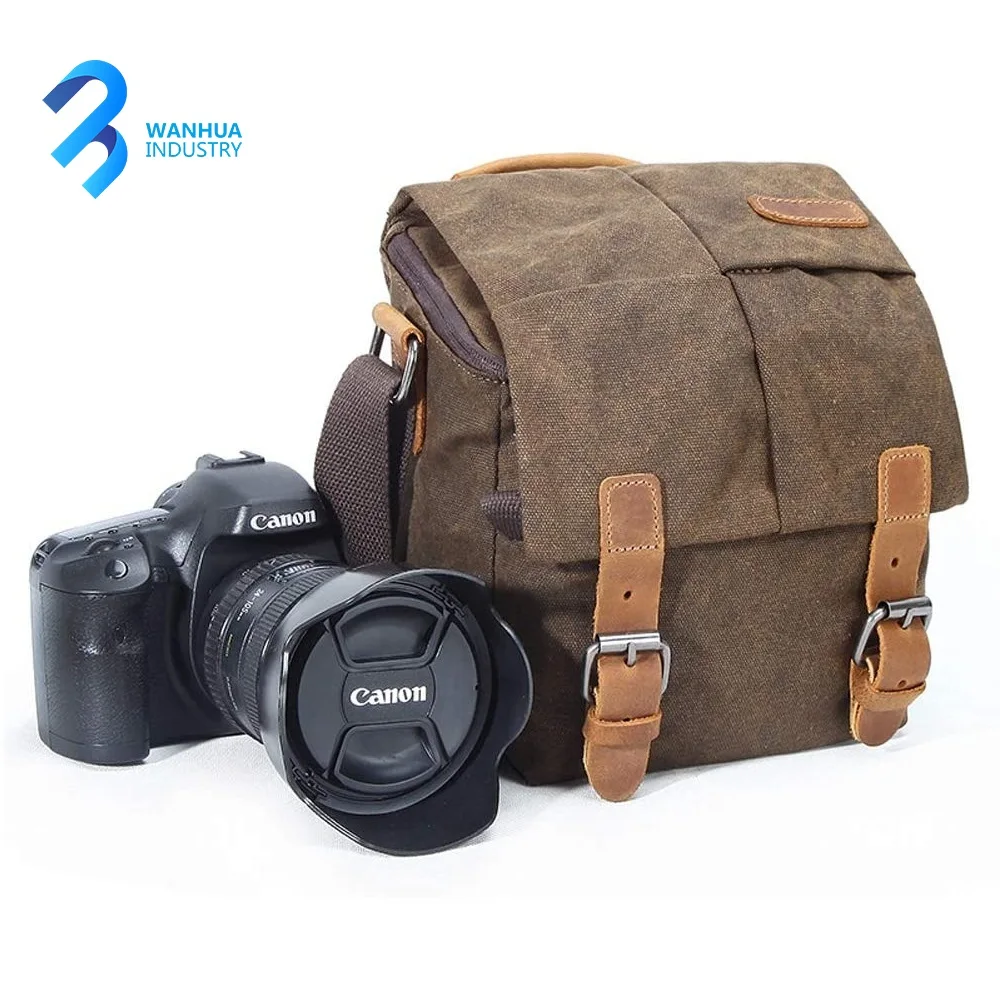 
Casual Style Vintage Canvas Camera Shoulder Bag Waterproof Leather Trim DSLR SLR Shockproof Camera Messenger Bag 