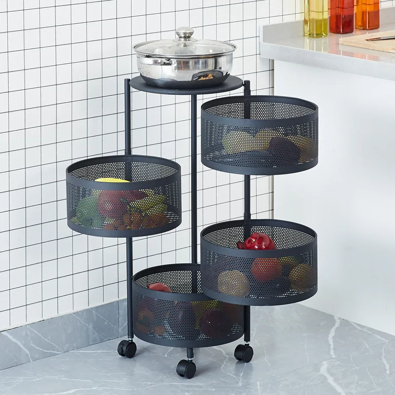 Rotating Kitchen Shelf For Fruit Vegetable Floor 4-layer Household Storage Rack Black Square Fruit Trolley