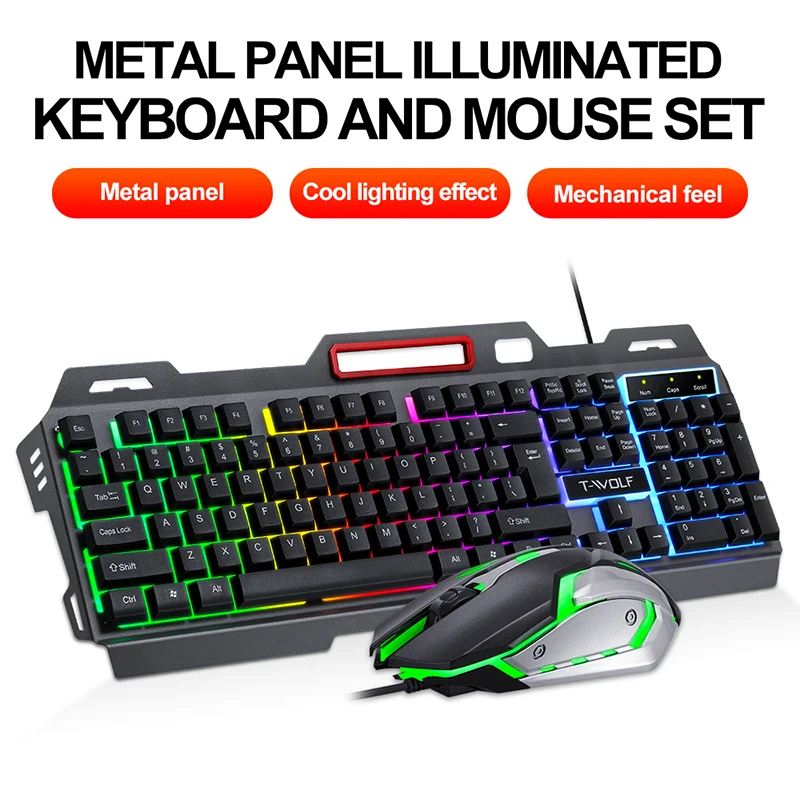 New Design RGB TF600 gaming keyboard and mouse combo,LED backlight mechanical iron feel keyboard 4D gaming mouse 3200DPI for the