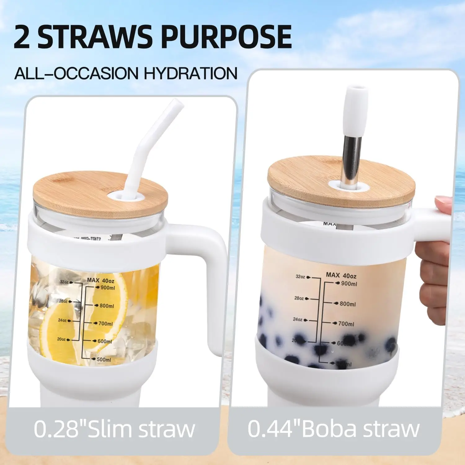 Glass Water Bottles 40 oz Iced Coffee Cup Glass Tumbler with Bamboo Lid and Straw with Handle with Silicone Sleeve