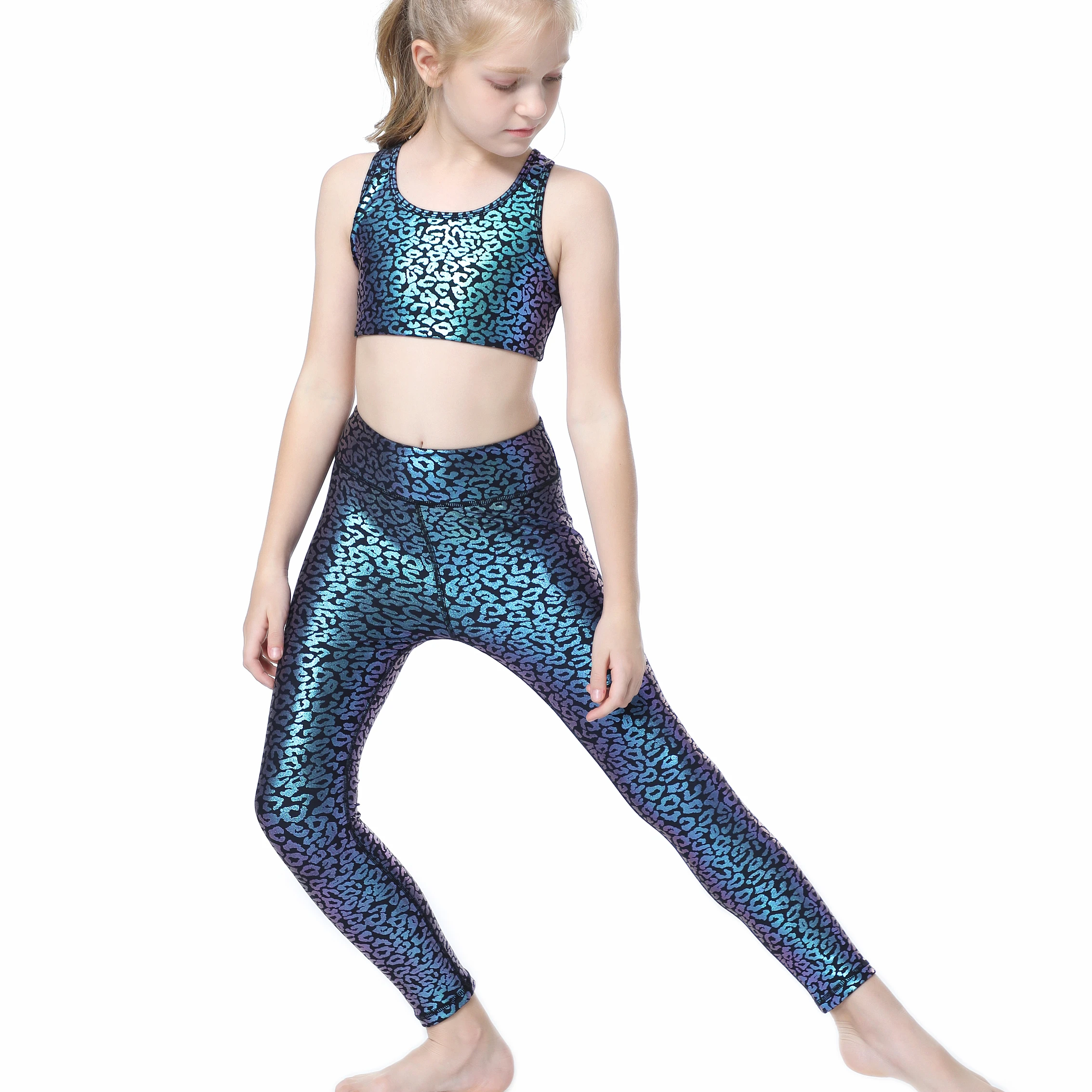 Wholesale shiny leopard print teen fitness apparel kids activewear gym wear set training bras children leggings