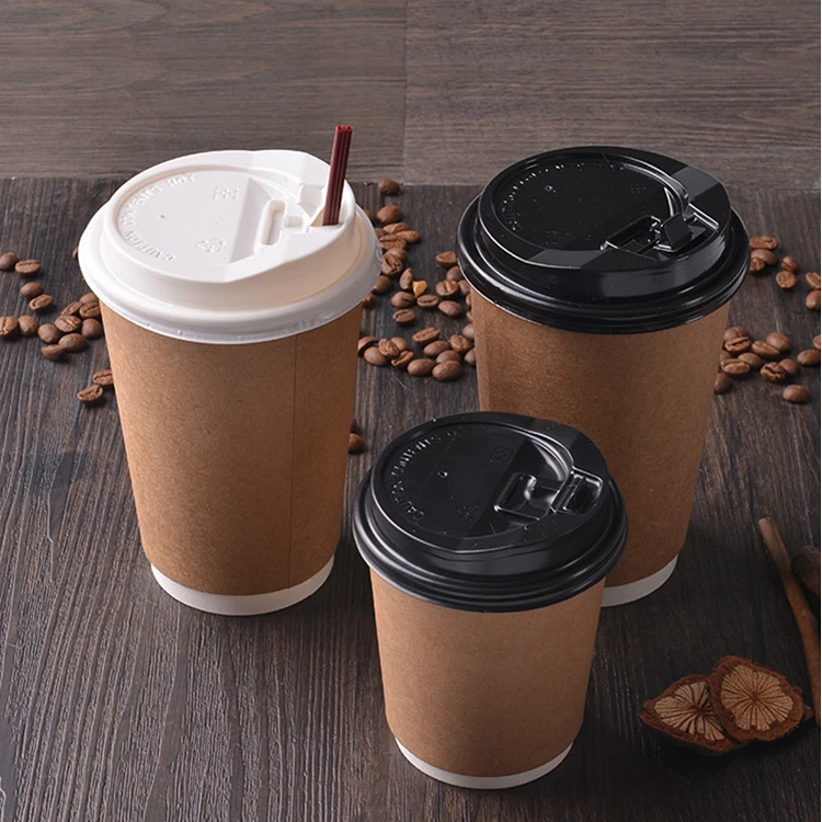 Customized logo 8oz 14oz biodegradable black takeaway juice coffee packaging double layer paper cups with lid sleeve