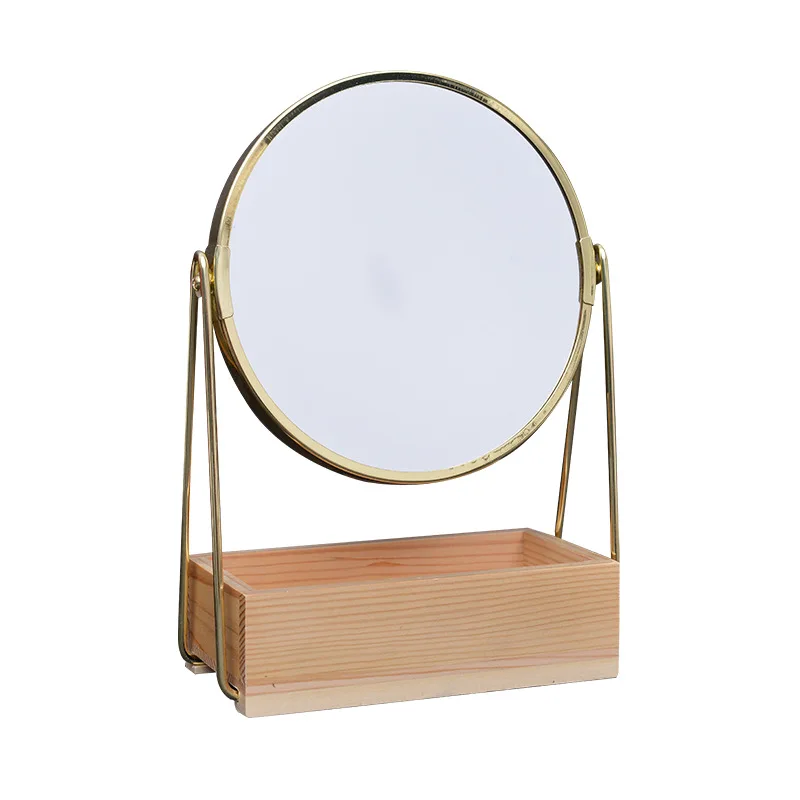 Unique Makeup Mirror Dressing Beauty Mirror Bedroom Dormitory Desktop Simple Cosmetic Mirror with Wooden Jewelry Storage Box