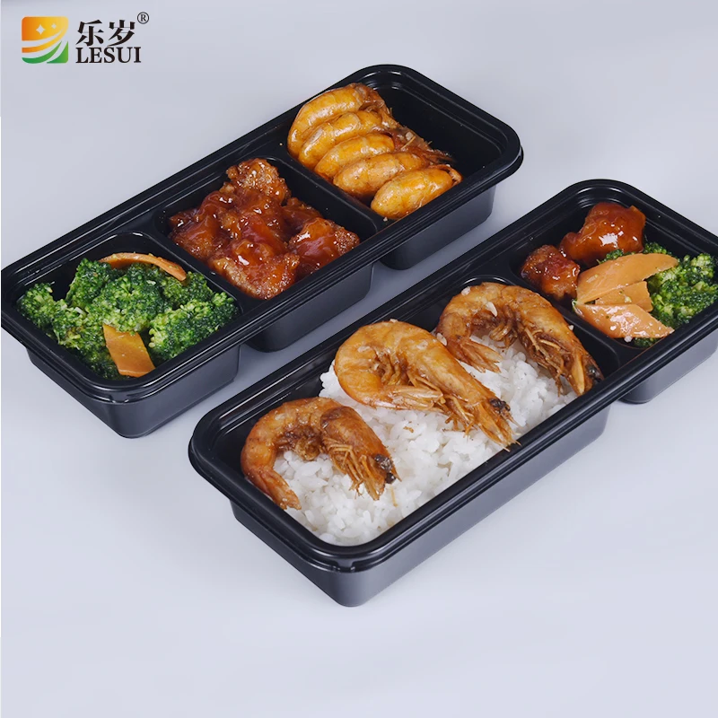 Japanese rectangular food container packaging takeaway bento lunch box 2 3 portion compartment black base containers with lids