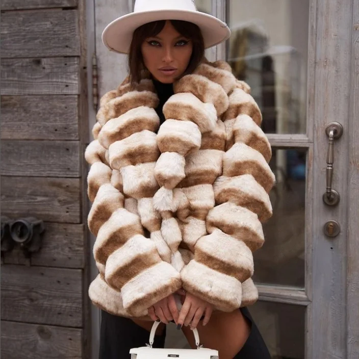Luxury Fur Crop Coat Big Collar Short Buttons Style Winter Over Sized Russia UK USA Faux Fur Coat Yellow