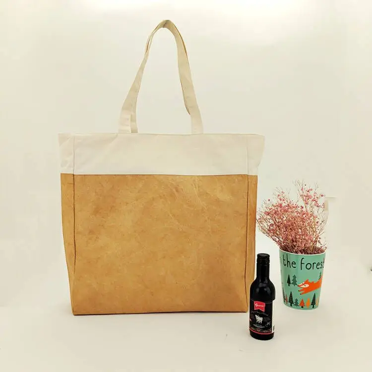 Custom Logo Waterproof Tyvek Tote Shopping Bag Combined With Cotton Canvas Handles High Quality Washable Paper Tyvek Bag