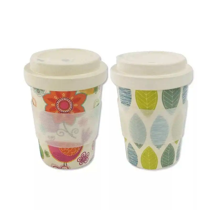 Bamboo Fiber Mugs Biodegradable Coffee Mugs 430ml Coffee Cup with Silicon Lid and Sleeve