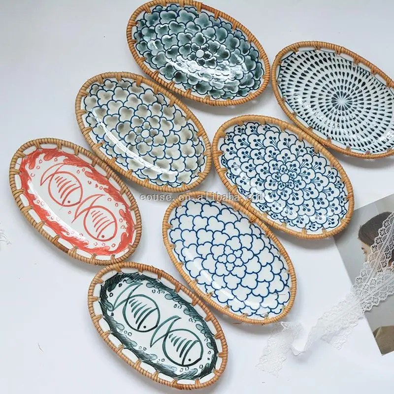Rattan Ceramic Storage Tray Hand-Woven Fruit/Snack Trays Desktop Storage Crafts Ornament Oval Serving Decorative Ceramic Dish