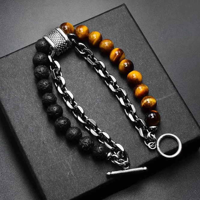 Fashion Natural Stone Gem Tiger Eye Stone Lava Beads Black Chain Bracelets For Men