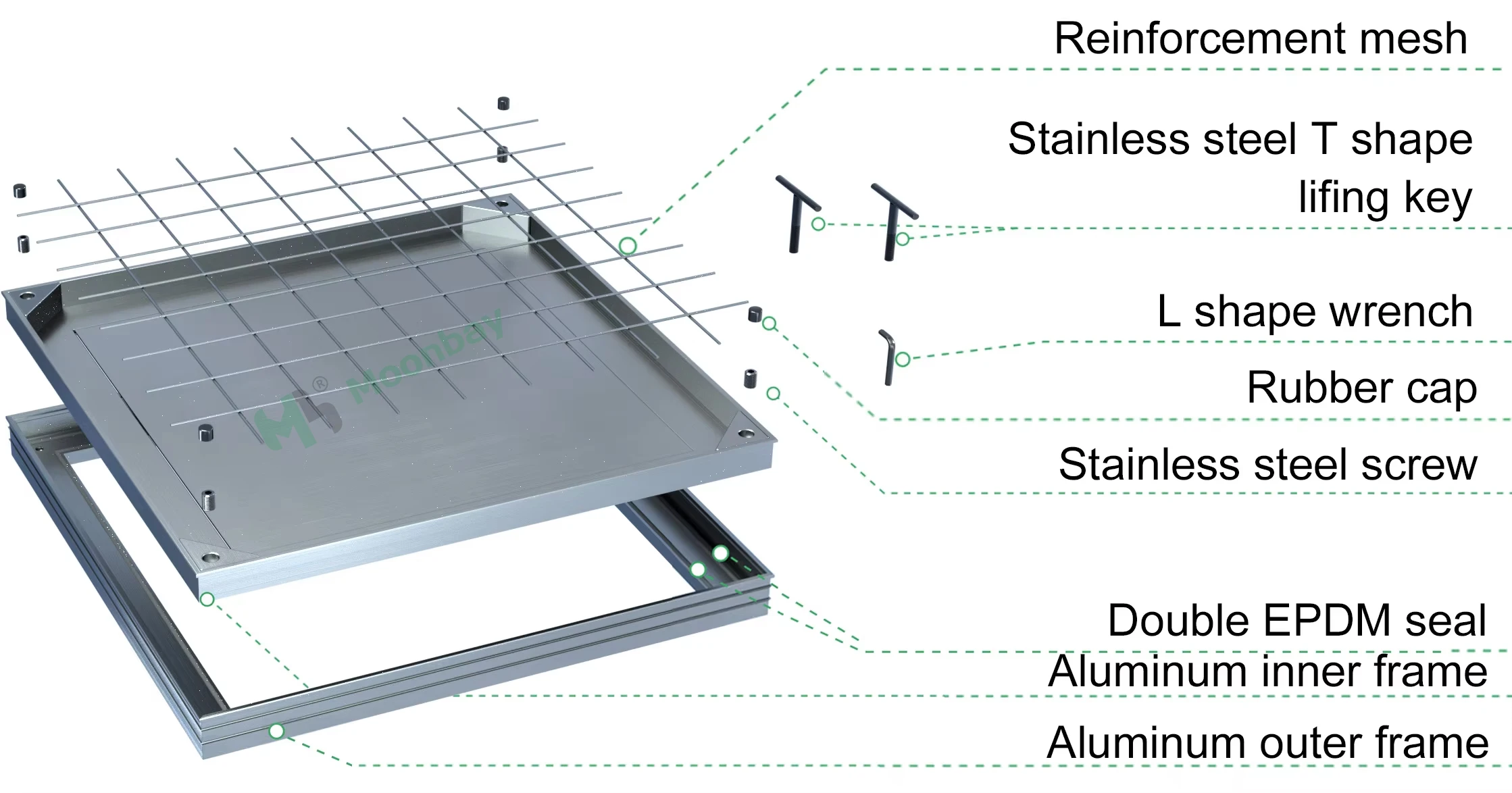 Square heavy duty recessed aluminium manhole cover with locking system aluminum overall size 400*400mm