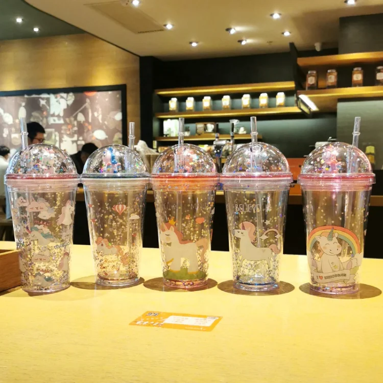 2021 New Summer Cold Straw Cup Cute Sequin Unicorn Water Bottles For Girl