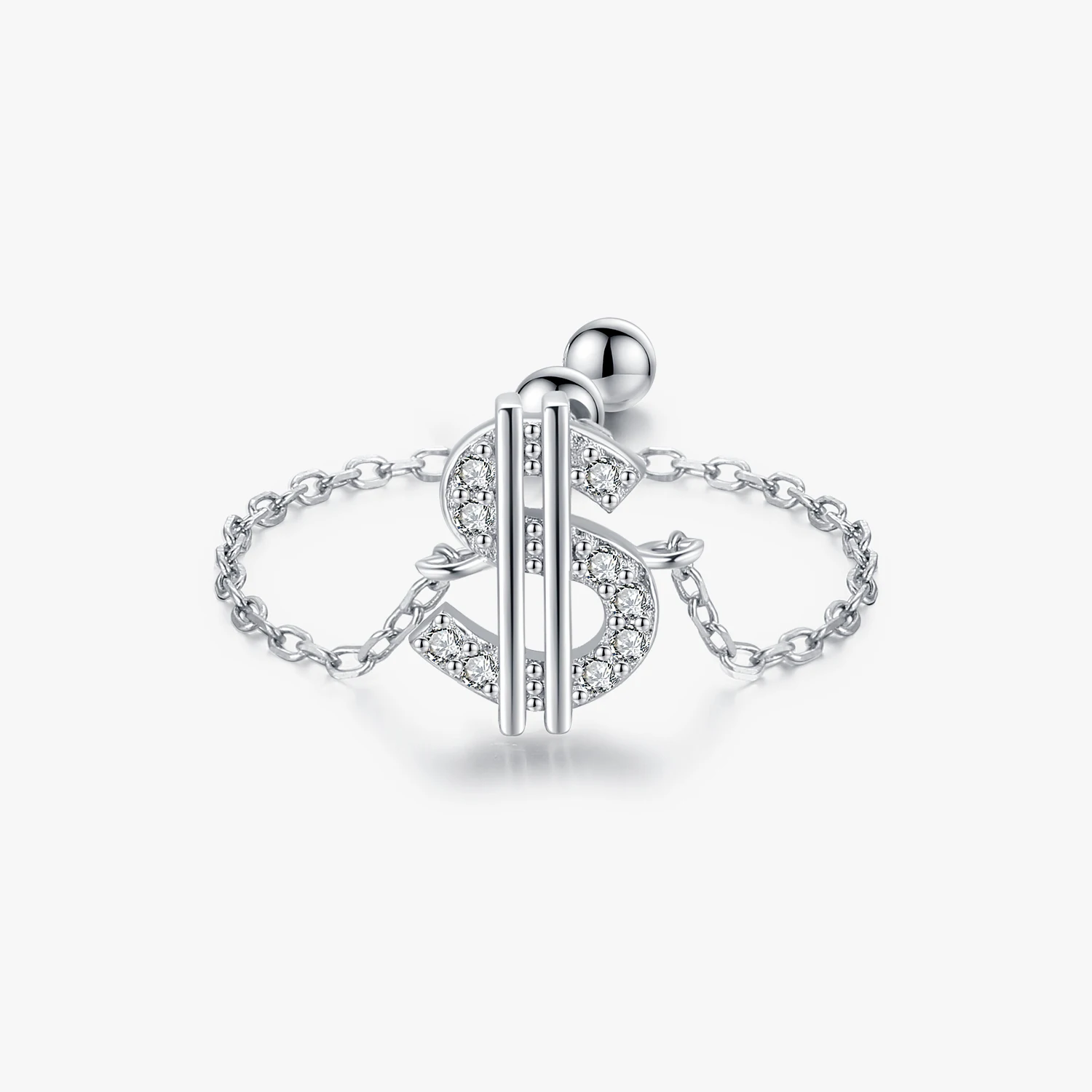 925 Sterling Silver Original Punk Fine Jewelry Link Chain Adjustable Ring Rich Money $ Symbol Sparkling CZ Rings For Women