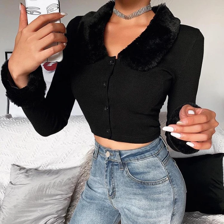Collar Classy New Cardigan Tops Fur Collar Button Short Long Sleeve Ribbed Tops Women