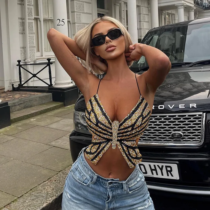 T5063 Amazon Top Sellers Custom Hot Fix Rhinestone Halter Backless Cami Tanks Butterfly Top Camisole Y2K Clothing