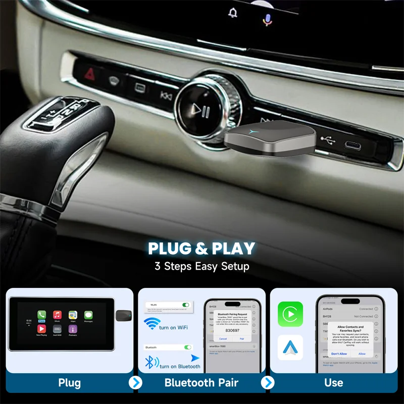 Efficient Auto Pairing Voice Assistant Support 2024 Wireless Carplay Android Auto Adapter