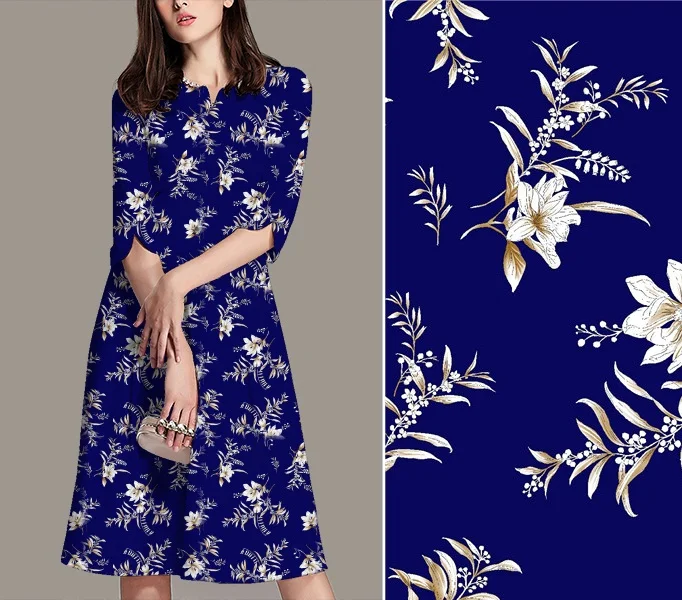 Stock Woven Plain Spun Rayon Leaf Motif Viscous 100% Viscose Floral Printed Rayon Challis Fabric