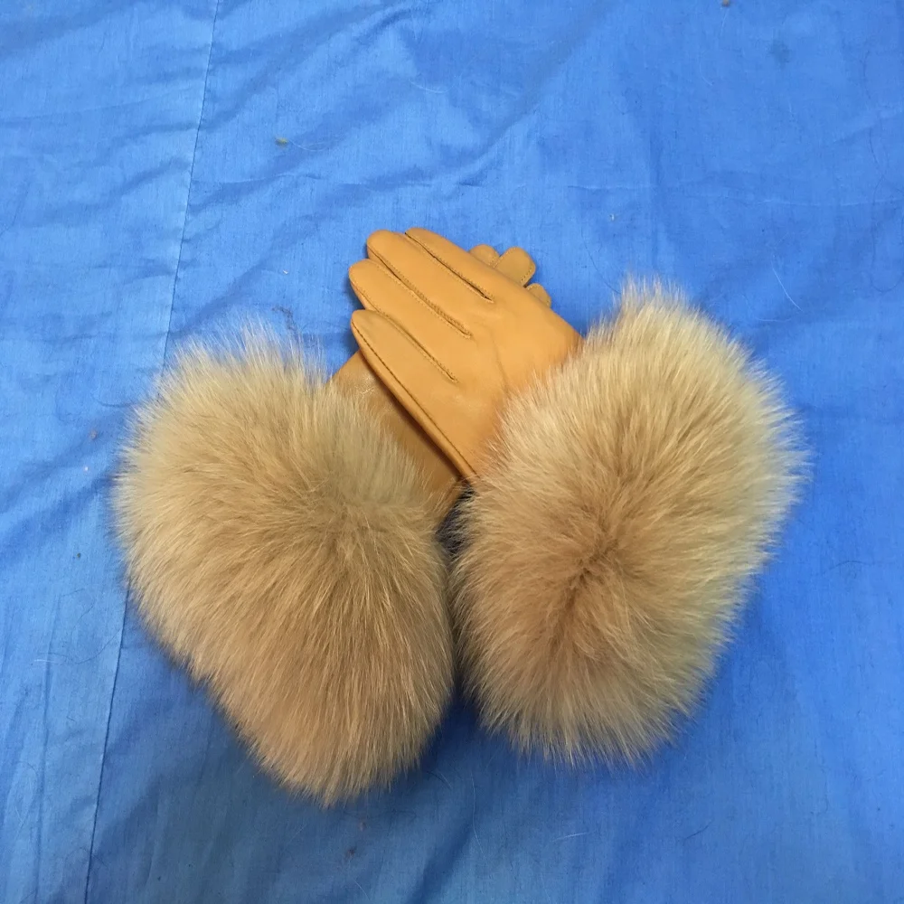 2019 Winter Women Sheep Skin Leather Gloves Fashion Design Real Fox Fur Gloves