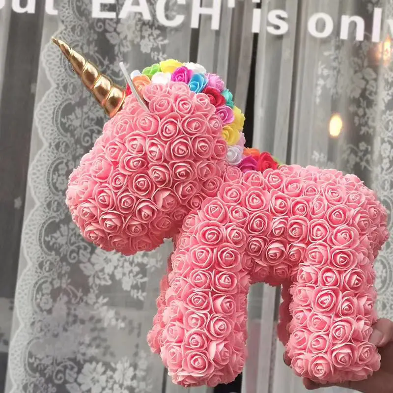 Wholesale 40cm unicorn design rose bear with PVC gift box