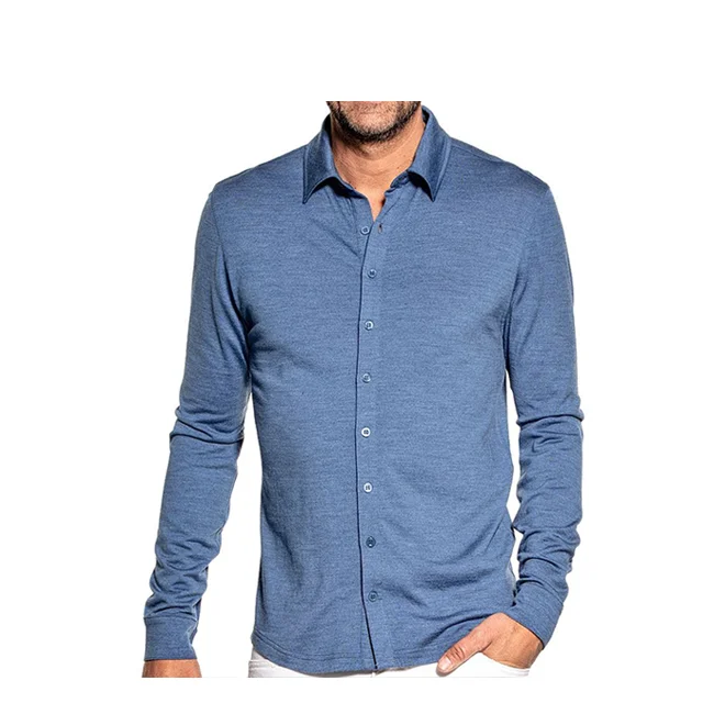 Solarwool Button Up Blue Grey Merino Wool Men Shirt