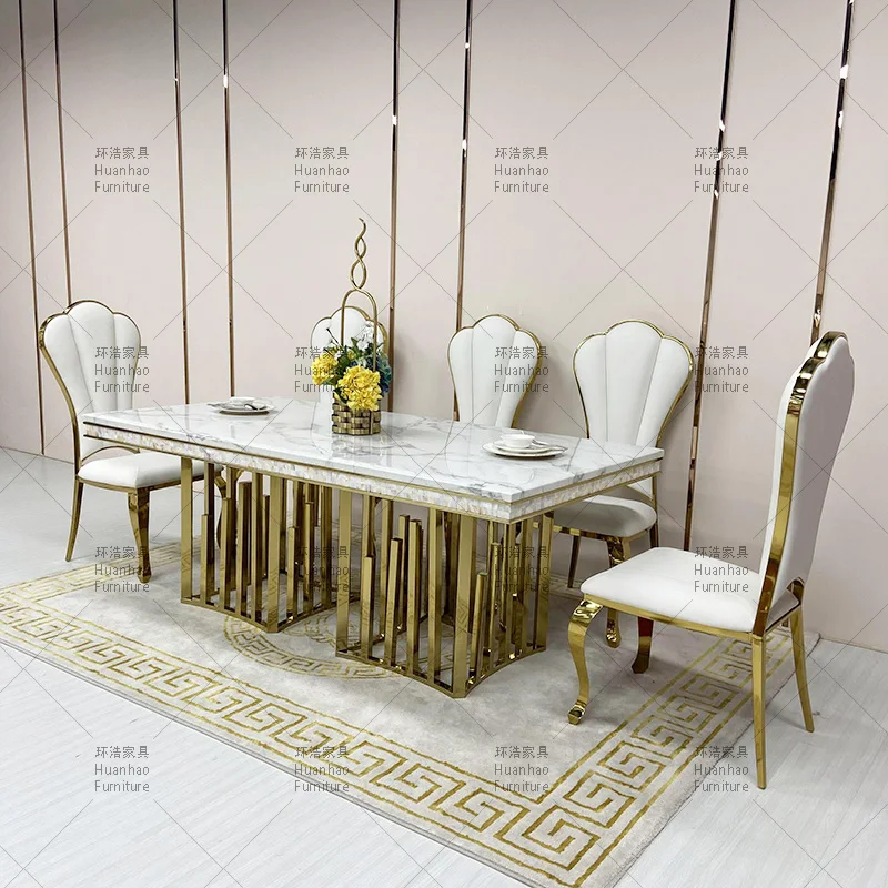 Wholesale Ivory White marble top stainless steel dining table restaurant luxury gold dining 6 chairs and tables set
