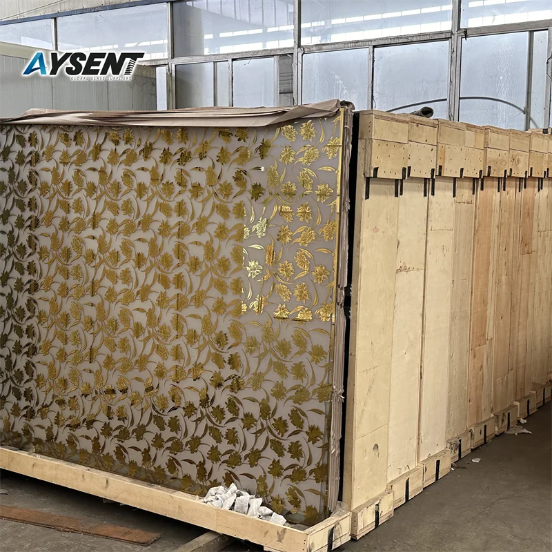 3mm 4mm 5mm Acid Etched Golden Titanium Glass Door Deep Acid Etched Decorative Glass for Building