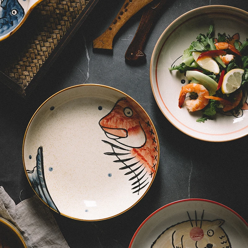 
Jade-cer black white color ceramic handle plate porcelain deep plate dinnerware sets 