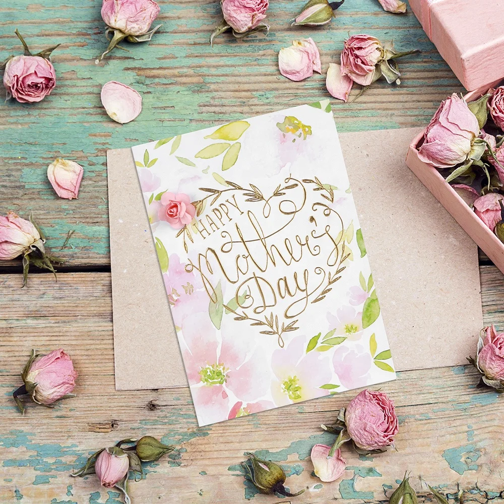 Custom Printing Handmade Rose Paper Flowers Gold Foil Happy Mothers Day Greeting Cards with And Envelopes