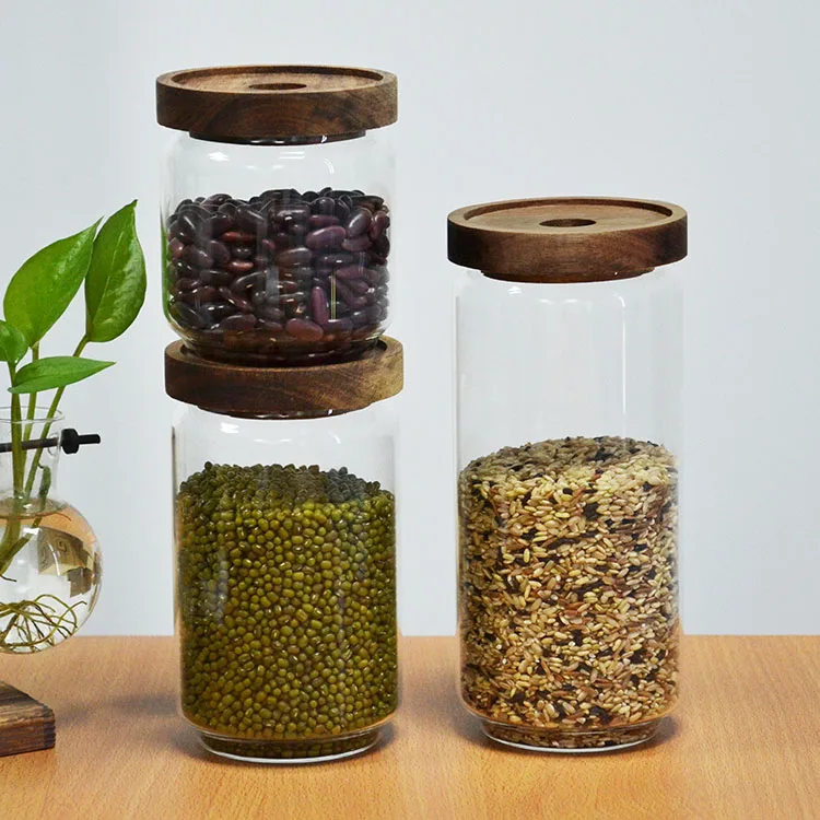 Герметичные стеклянные банки для специй из боросиликатного стекла с крышкой из дерева акации