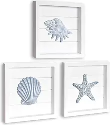 Beach wall decorated with blue shells and starfish, 3 white wooden frames, suitable for bathroom or coastal bedroom, home