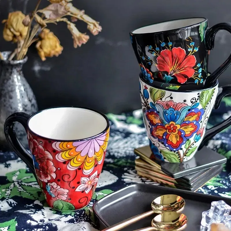 Wholesale bone china ceramic mug porcelain coffee cup with custom pattern full floral design with handle
