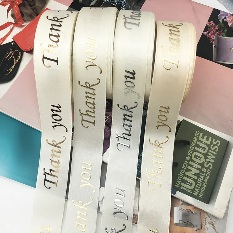 Gordon Ribbons Custom Gold Foil 3D Embossed Printed Gift Polyester Satin Ribbon With Logo Gift Packaging Ribbon