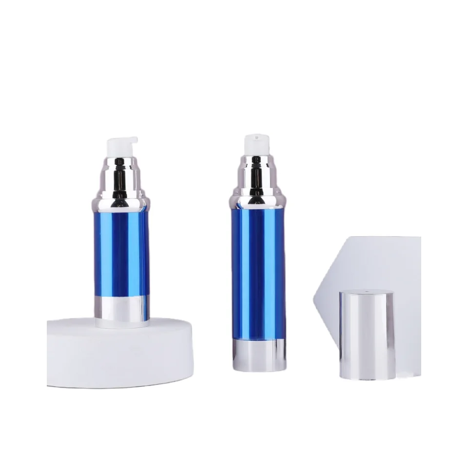 15ml 30ml 50ml Cosmetic OEM plastic AS blue airless pump spray bottle / Empty white serum lotion window bottles with silver lid