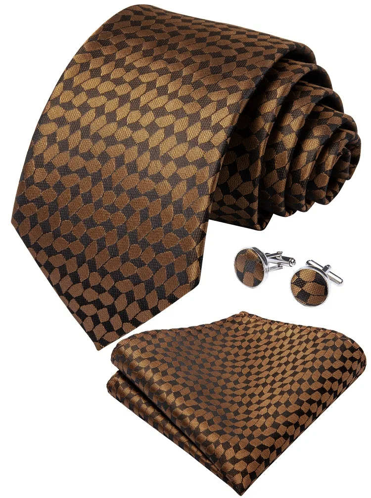 Wholesale Business Brown Gold Ties Men Custom Mens Silk Neckties Handkerchief Cufflinks Set