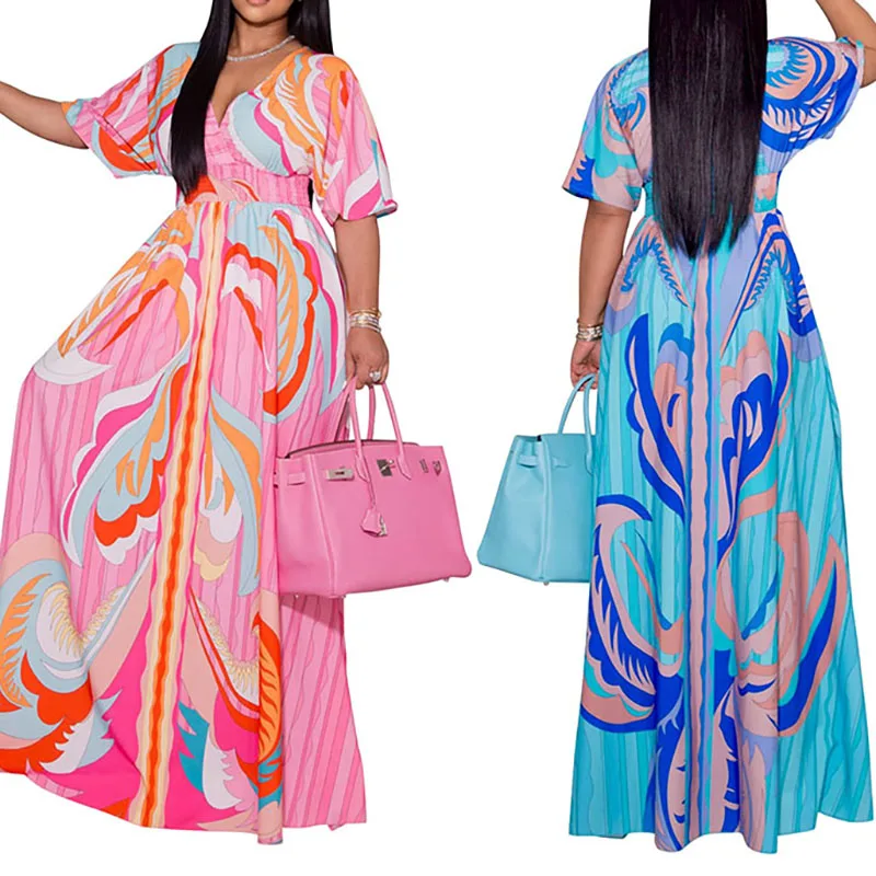 New Dress Fashion Casual Print Butterfly Sleeve Ladies Swing Side Slit Long Dress