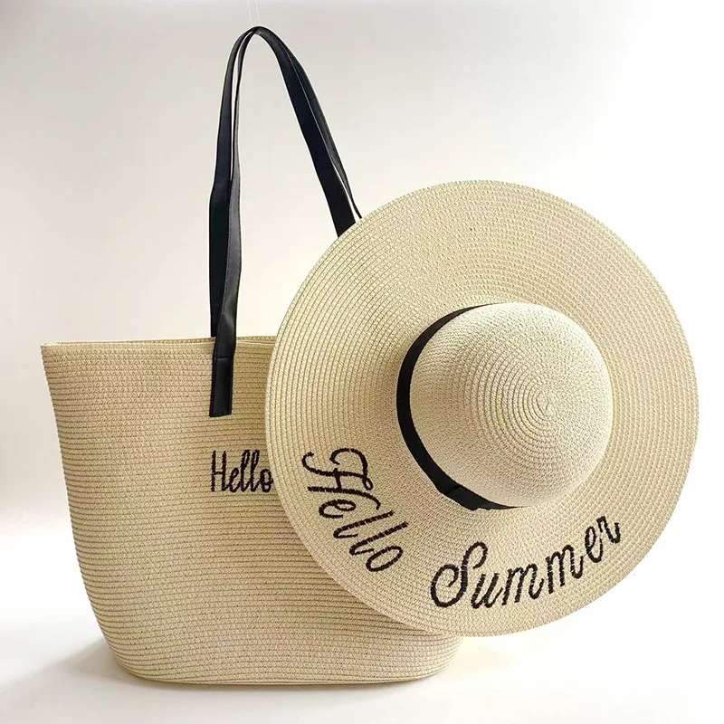 Sun Protection Sunshade Straw Woven Hat Bag Set Holiday Fashion Handbag Straw Hat Women Beach Bags And Hats