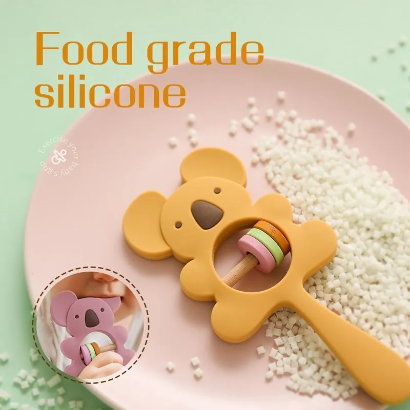 New Design Baby Products Natural Silicone Wood Rattle Baby Teething Montessori Animal Silicone Rattle Toy BPA FREE