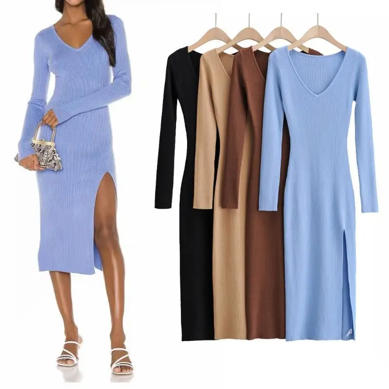 Fall 2021 Women Clothes Thin Section Stretchy Knit Dress Slim Casual Slit Dresses Knit Sweater Dress