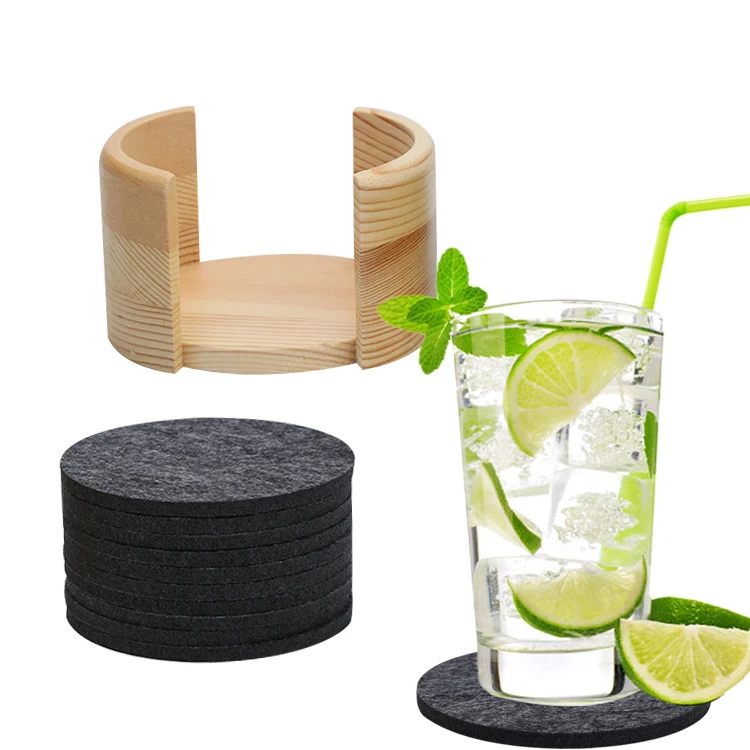 Dark Grey 5mm Thickness Round Coasters Table Coasters 10 pieces Felt Drink Coaster Set with Bamboo Holder