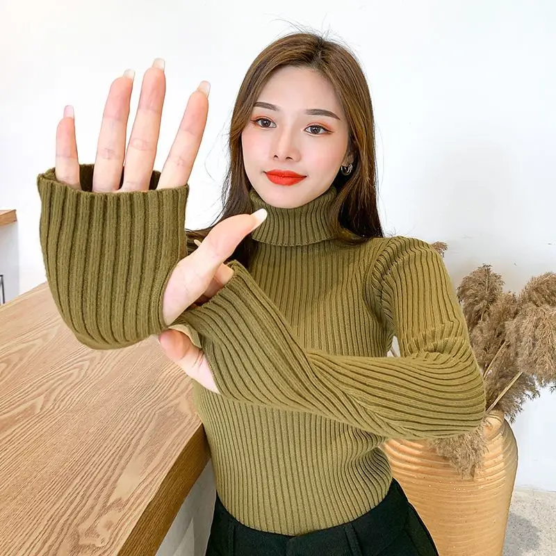 Women Sweater Winter Slim Fit Pullover Warm Jumper Thumb Hole Korean Style Turtleneck Solid Color Knitted Sweater