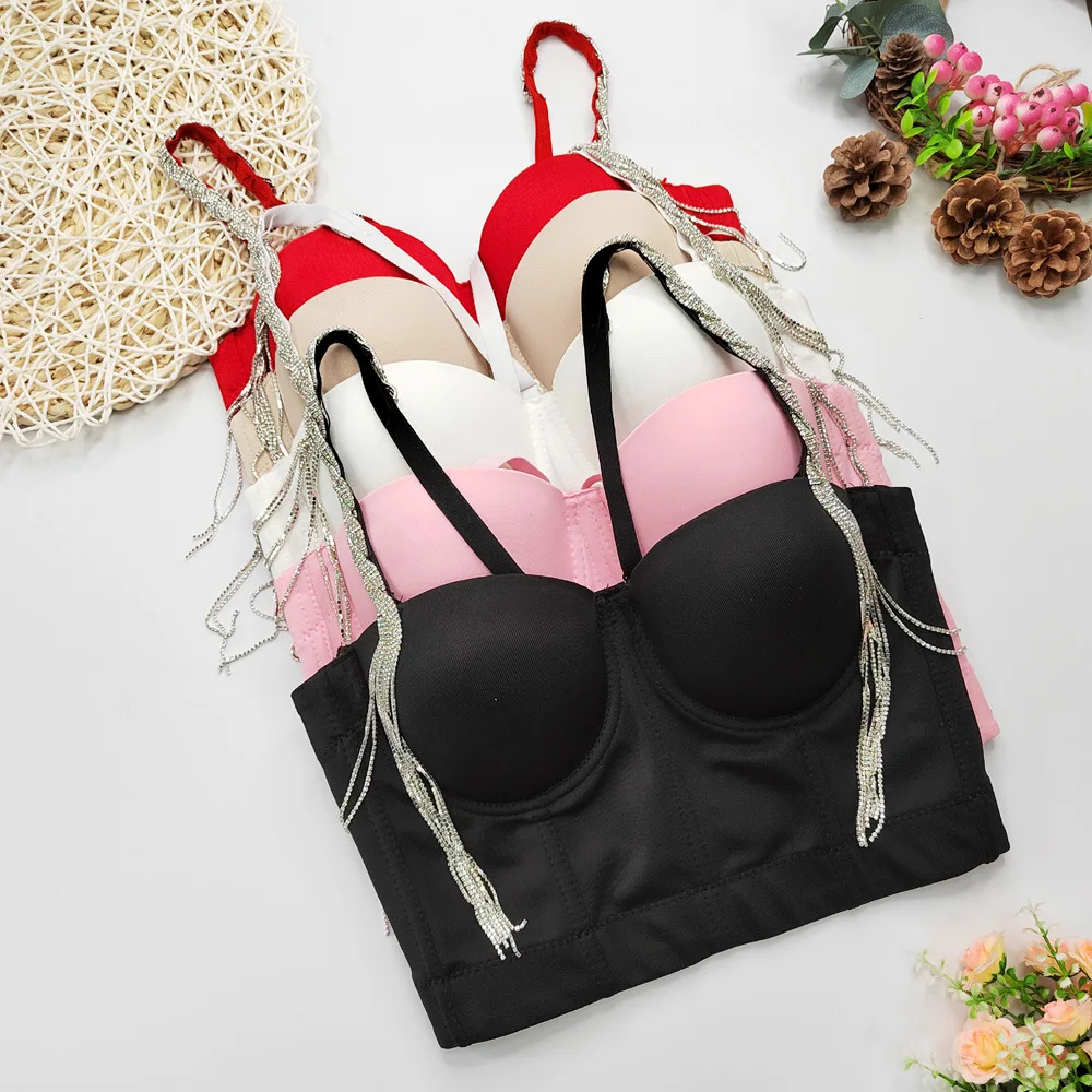 Dough-Twist Plaits Rhinestone Tassel Suspender Light Luxury High-End Corset Off-Shoulder Beauty Back Sexy Tops Outerwear Bustier
