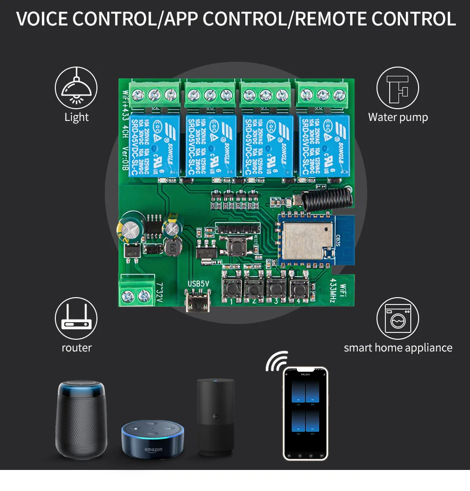 Tuya Smart Wifi DIY relay Switch Module  4CH 5V 12V 24V 32V AC 220V Inching Self-Locking RF Receive 10A Relay For Alexa