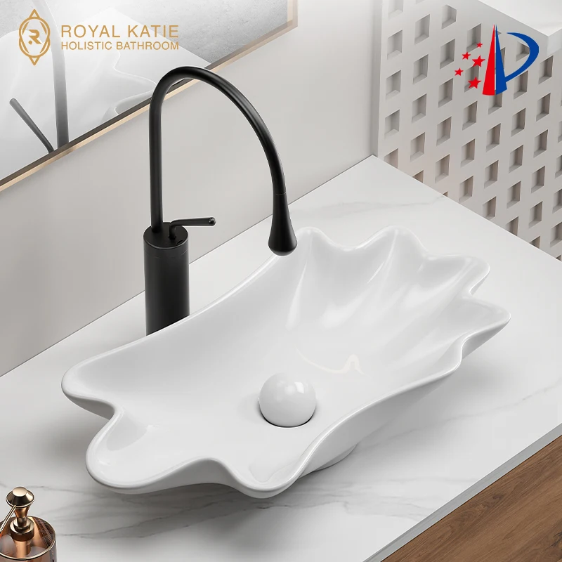 Art ceramic sink glossy black white gold plated  marble basin with Sink plug ceramic art basin washbasin bathroom sink