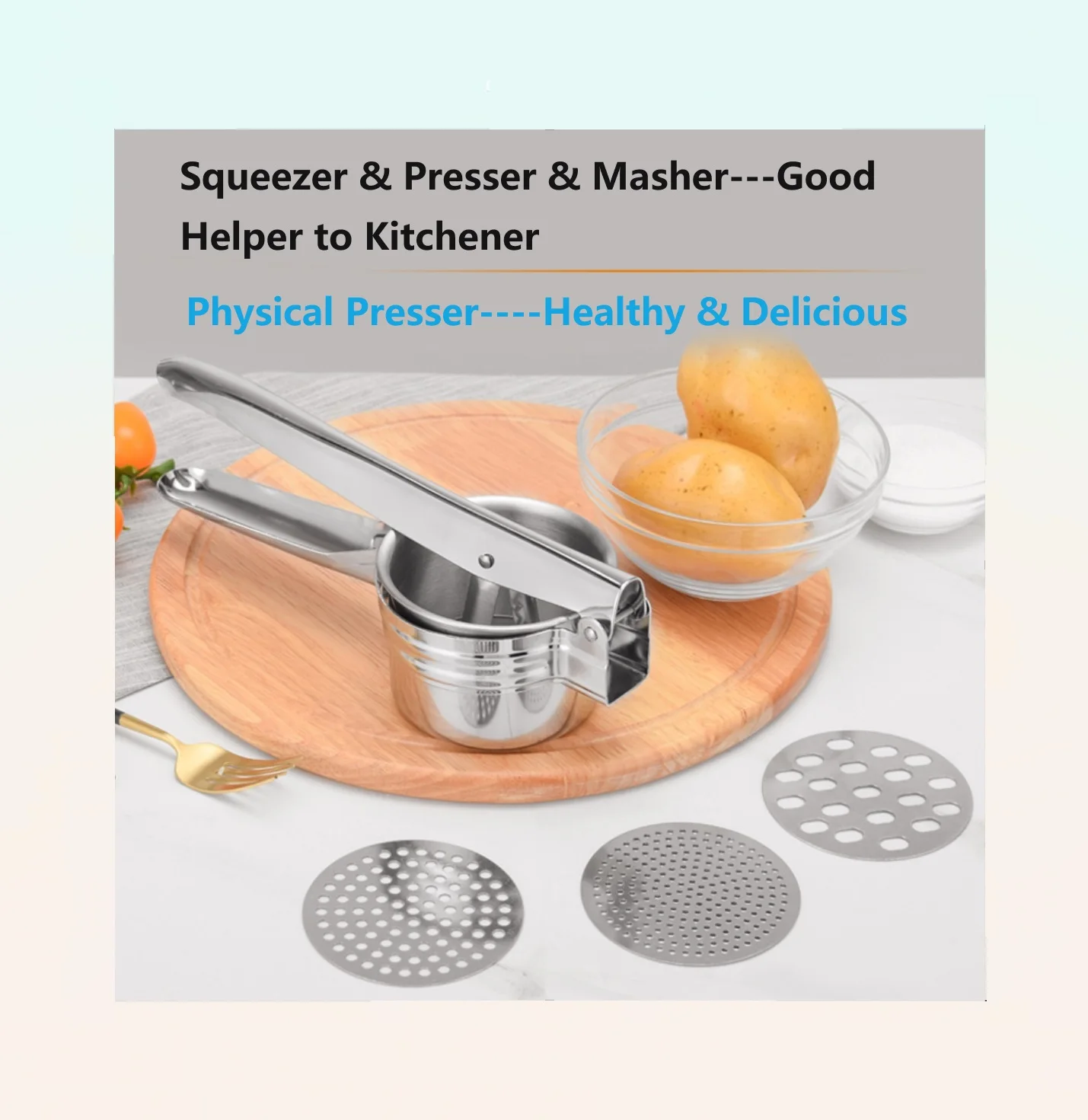 Updated  Food Grade  stainless steel  kitchen 8 in 1 fruit potatosqueeze  masher garlic press