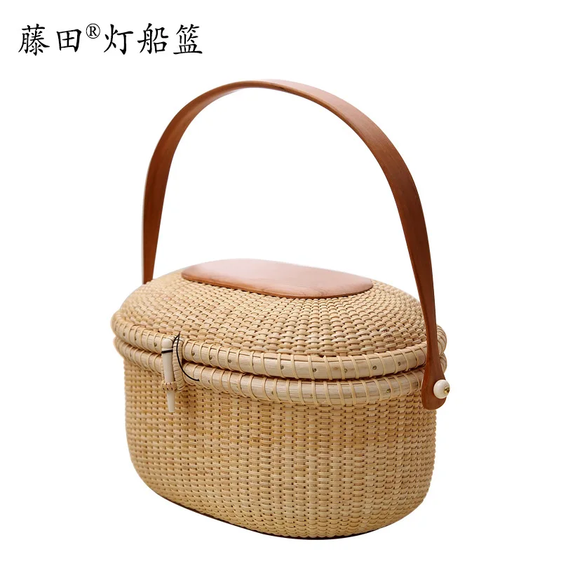 Camping Picnic Basket with Double Lids Storage Vine Basket Bamboo Rattan Weaving Storage Basket
