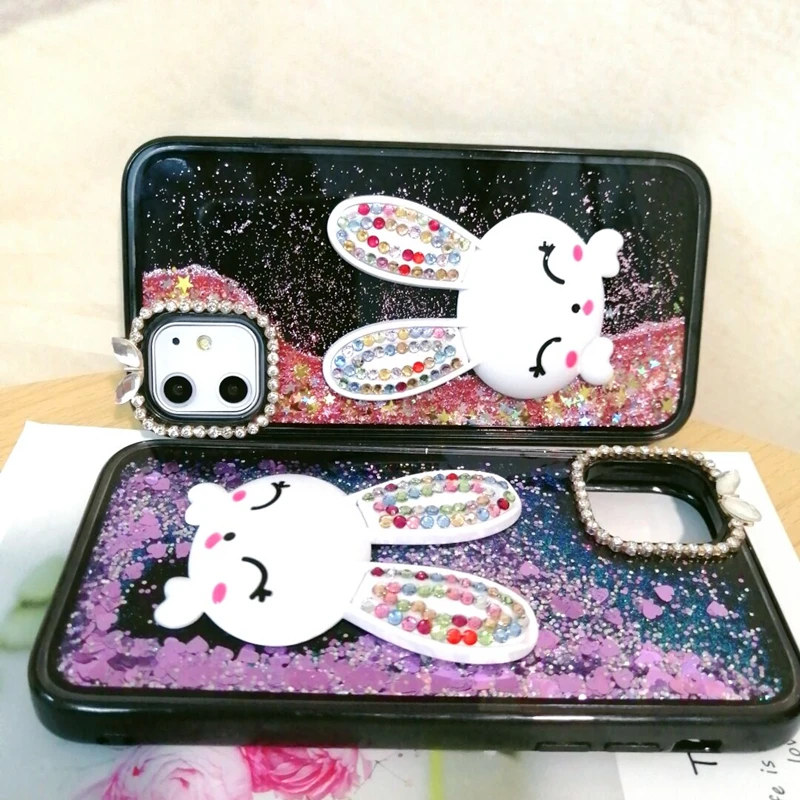 Luxury Diamond case for iphone 13 case High Quality Cute Rabbit Liquid Glitter Sequins PC+TPU Phone Case for iPhone 12 11 XS XR