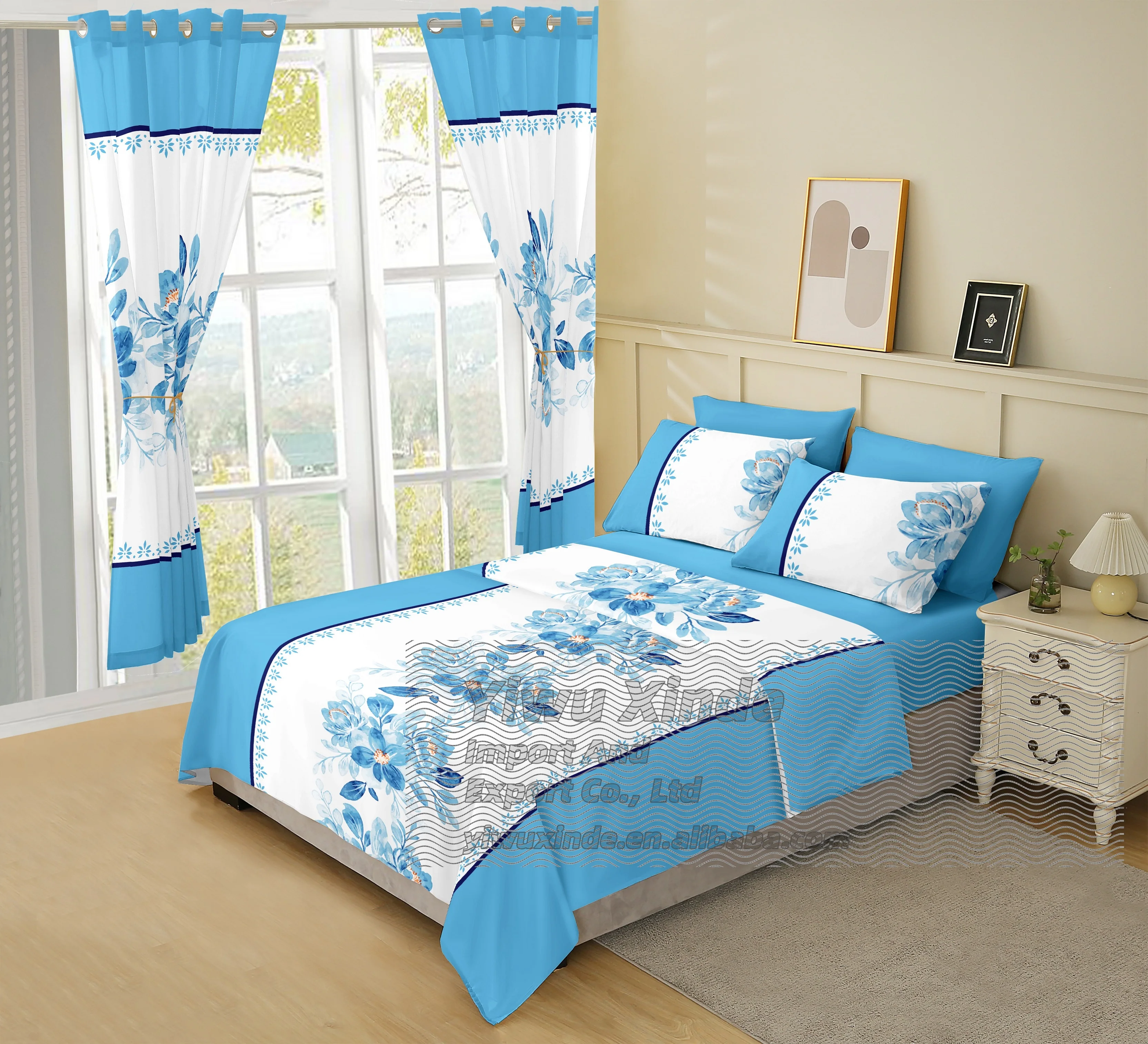Ready to ship bed 8 pieces bed sheet set king size cotton with curtains cheap price bedding set for bed sheets