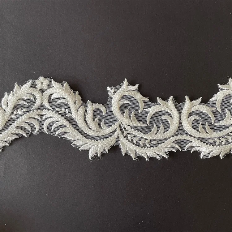 Factory Customized 9cm embroidery beaded border lace trim for wedding gown