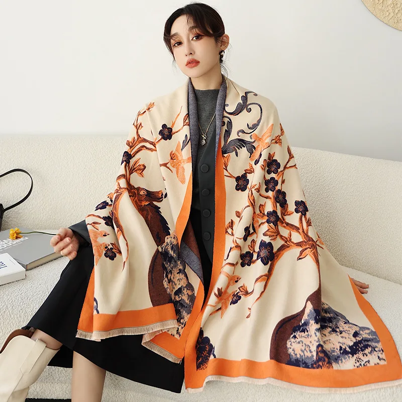 Оптовая продажа, роскошное пончо на заказ, шаль, шарфы, одеяло из пашмины, зимние толстые цветочные шарфы, женские кашемировые шерстяные шарфы для женщин