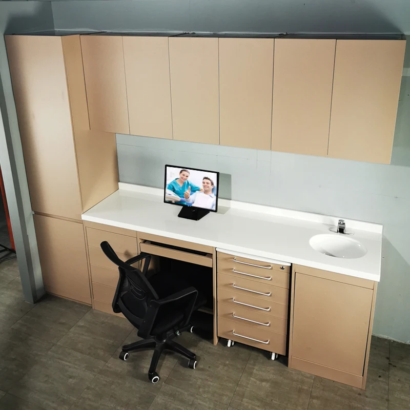 Bacteriostatic dust proof modern european style portable dental lab wall cabinet wooden color dental office cabinet with sink